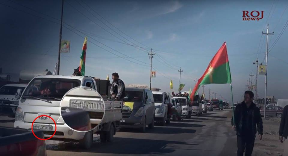 Photos of protesters reveal some of them had guns in their hands with Hasaka plate numbers on their vehicles in Khanasor town, western Sinjar (Shingal) city, southwestern Kurdistan Region, March 14, 2017. (Photo: screenshot from ROJ/ANHA footages)